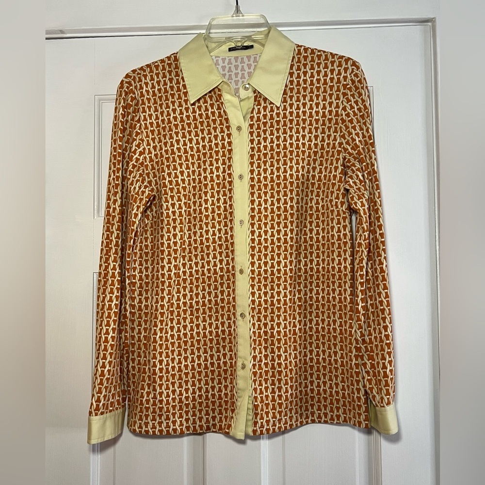 J. MCLAUGHLIN • ORANGE & CREAM CHAIN BLOUSE • EUC